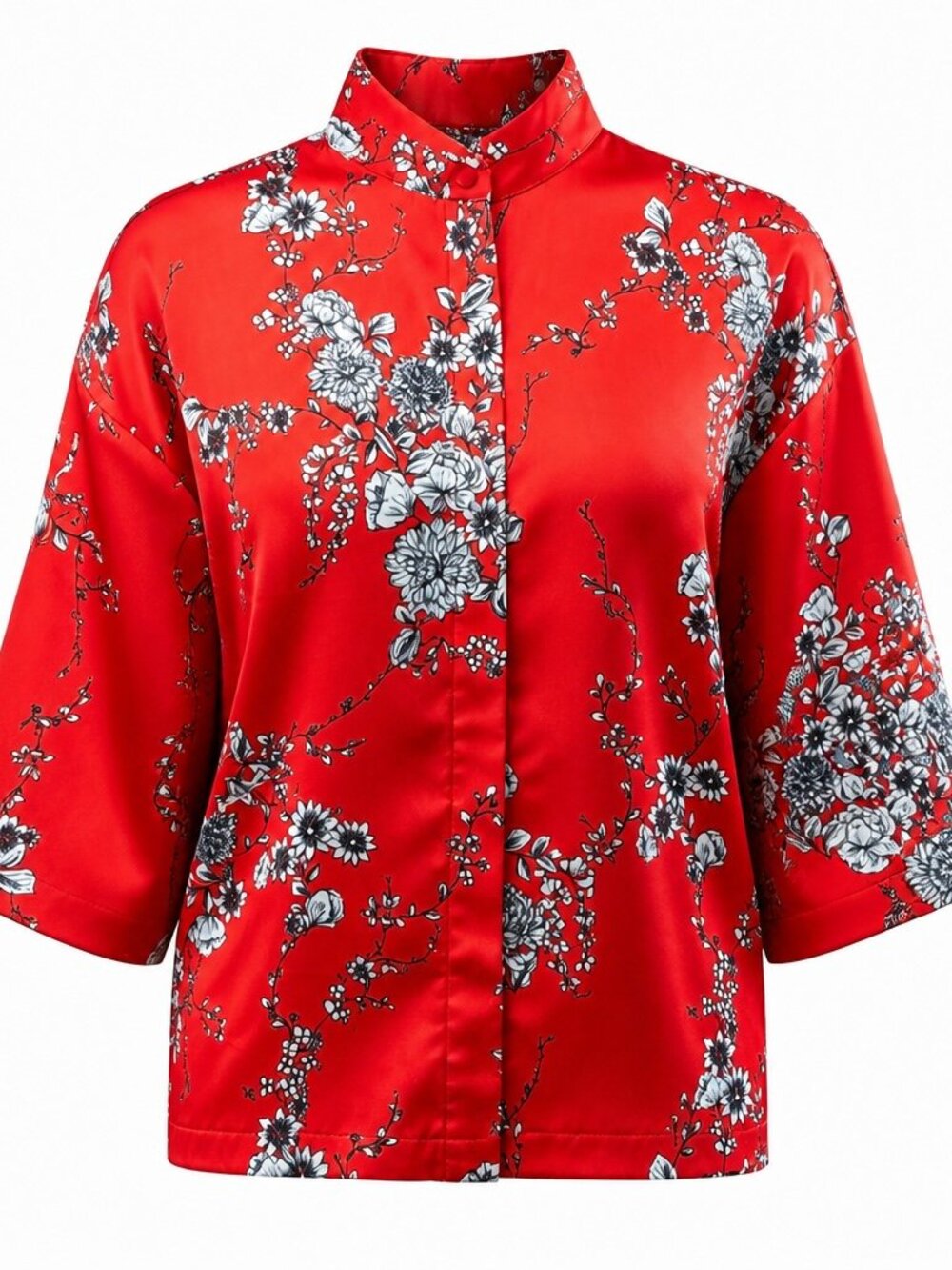 Brynn Walker Red Floral 2pc Set Medium Japanese Inspired Mandarin Collar Artsy